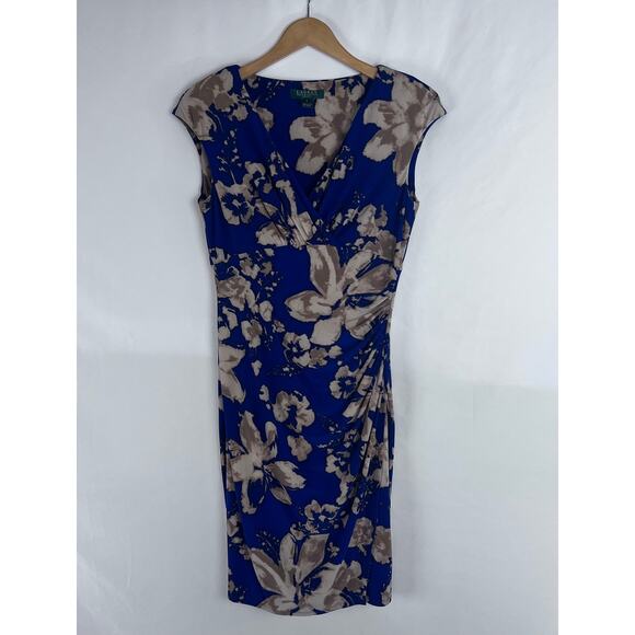 Lauren By Ralph Lauren Floral Print Blue And Tan Color Ruched Side 6 - Picture 1 of 9